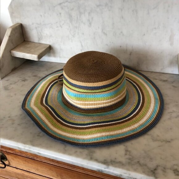 CYNTHIA ROWLEY Striped Straw Floppy Hat Blue Brown Green One Size - Picture 8 of 16